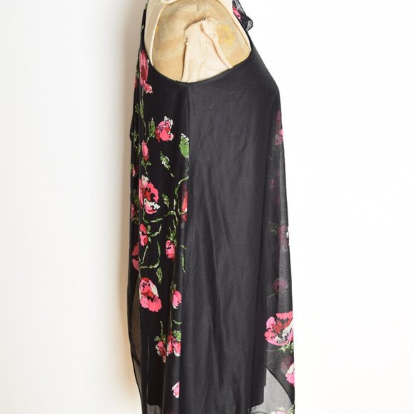 vintage 70s dress black pink one shoulder draped floral print disco mini S - Picture 6 of 7